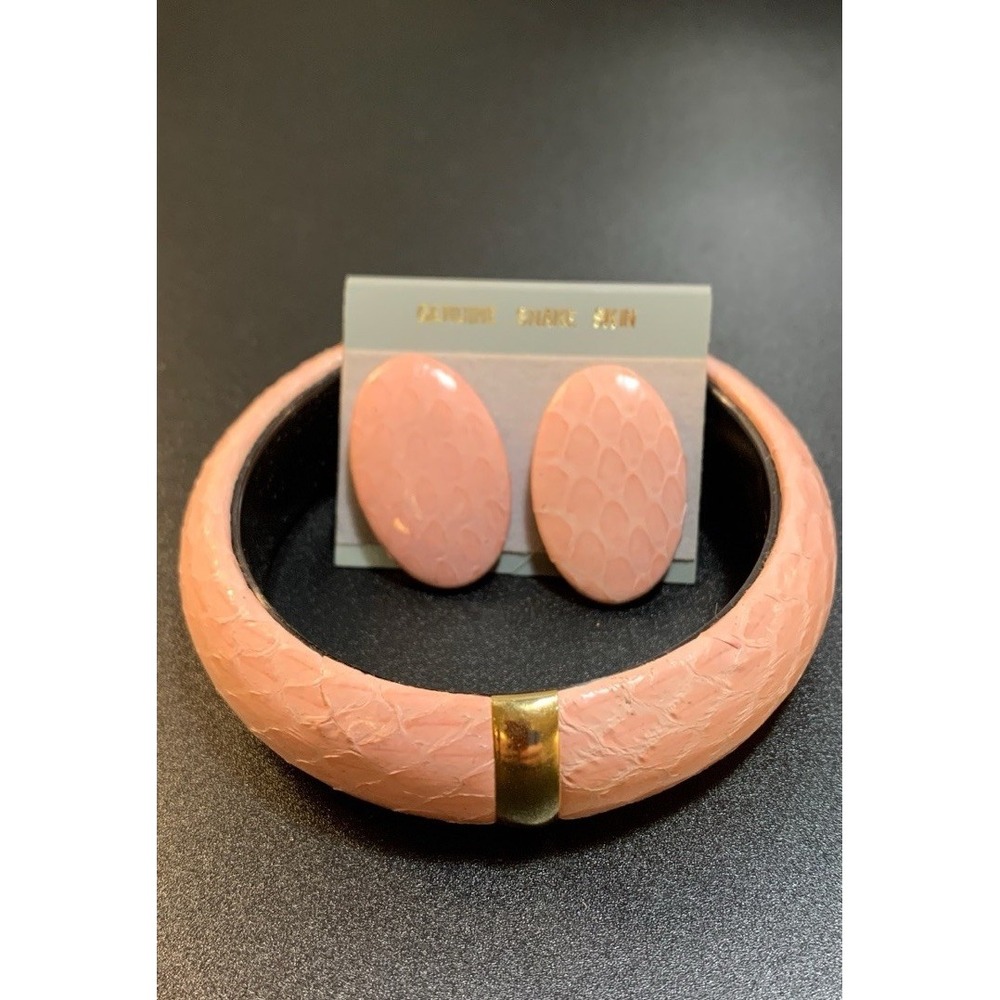 Vintage Dyed Pink Snake‎ Skin Pierced Earrings And Bangle Bracelet